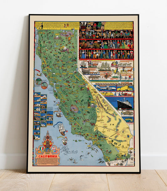 California - Pictorial Map with Historic Vignettes, 1945 | Historical Map Print