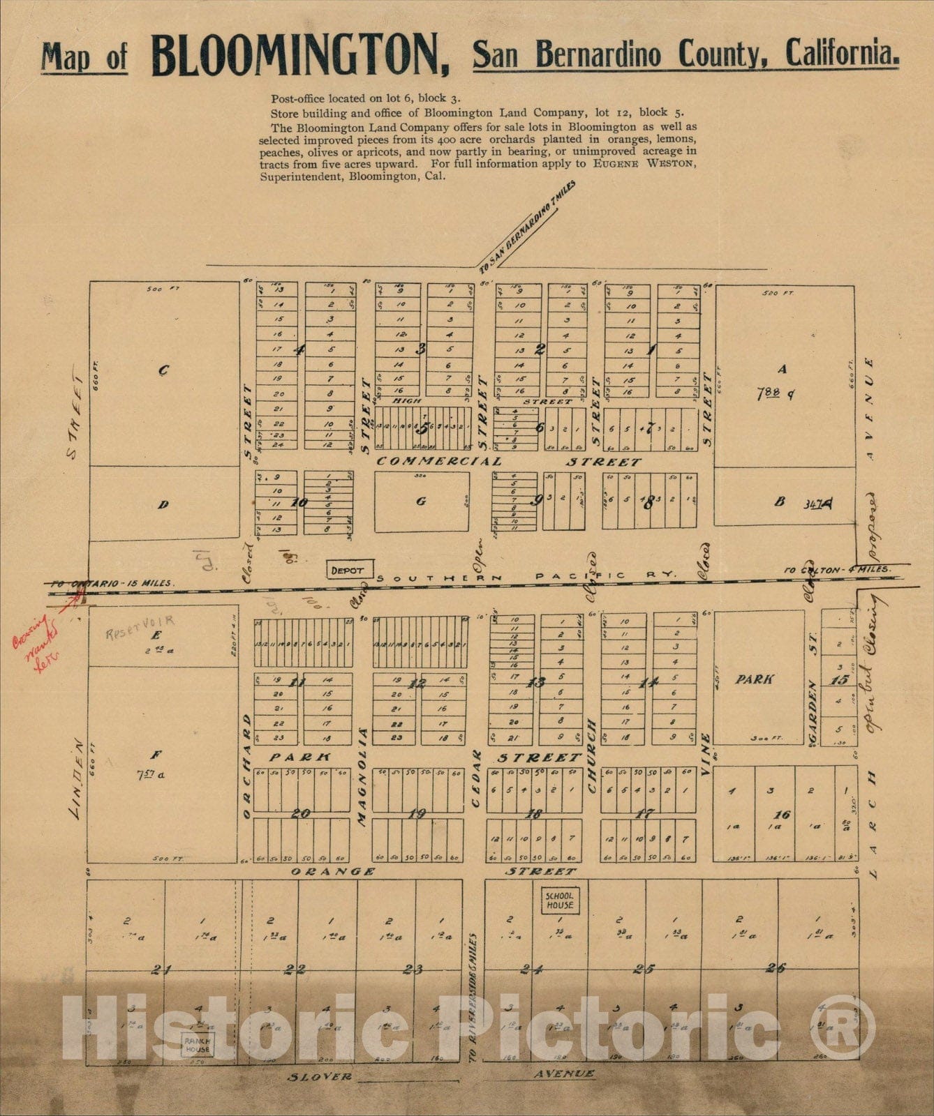 Historic Map : Map of Bloomington, San Bernardino County, California., c1890, Anonymous, Vintage Wall Art