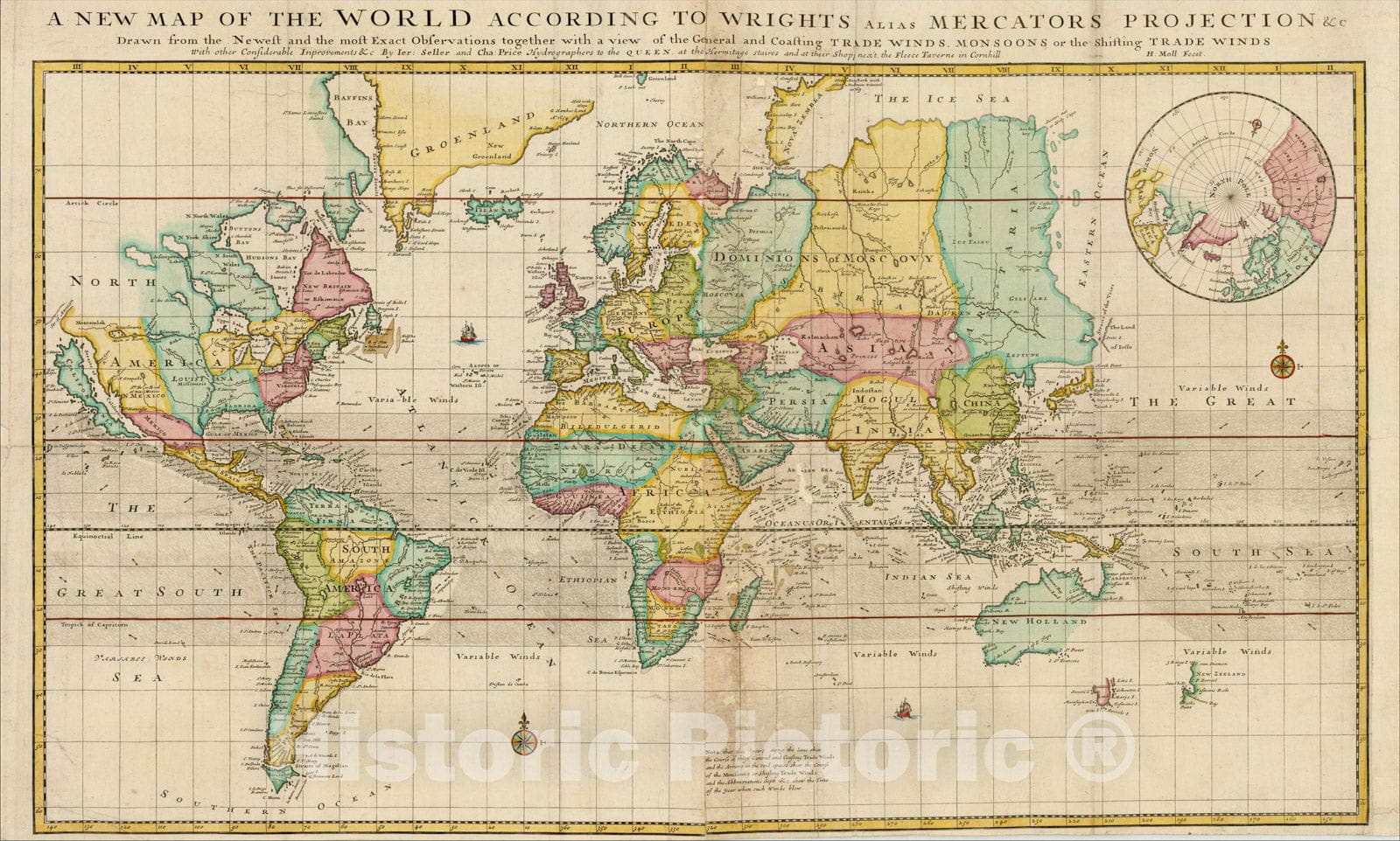Historic Map : A New Map of the World According To Wright's Alias Mercator's Projection, c1706, Charles Price, Vintage Wall Art