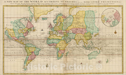 Historic Map : A New Map of the World According To Wright's Alias Mercator's Projection, c1706, Charles Price, Vintage Wall Art