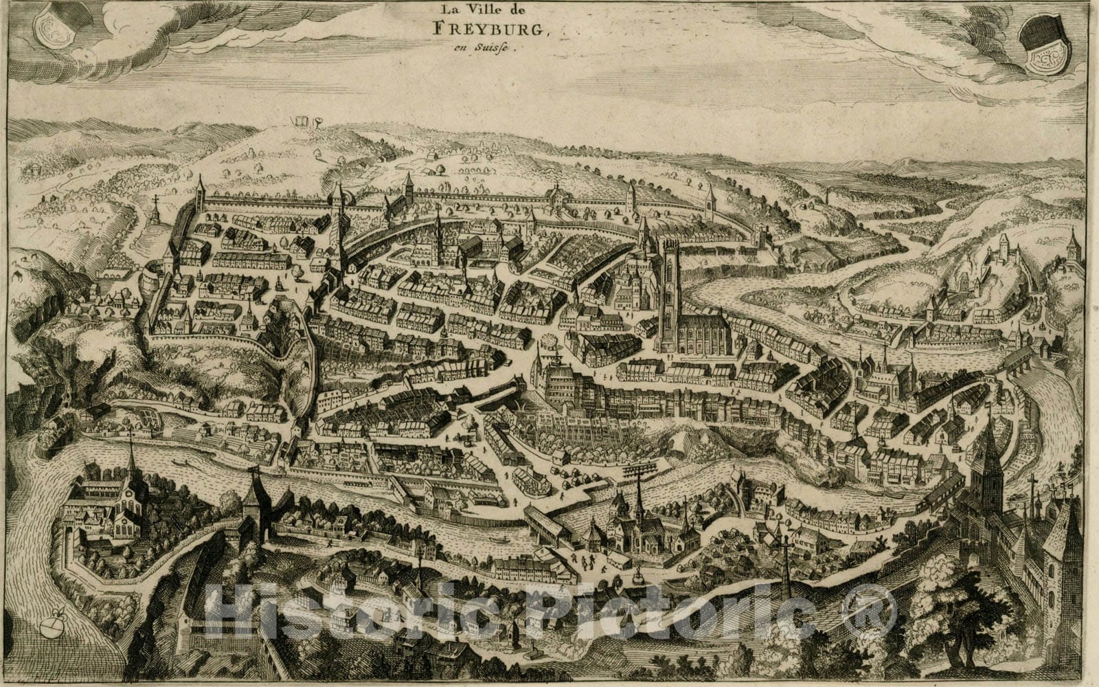 Historic Map : La Ville de Freyburg, en Suisse, 1723, Pieter van der Aa, Vintage Wall Art