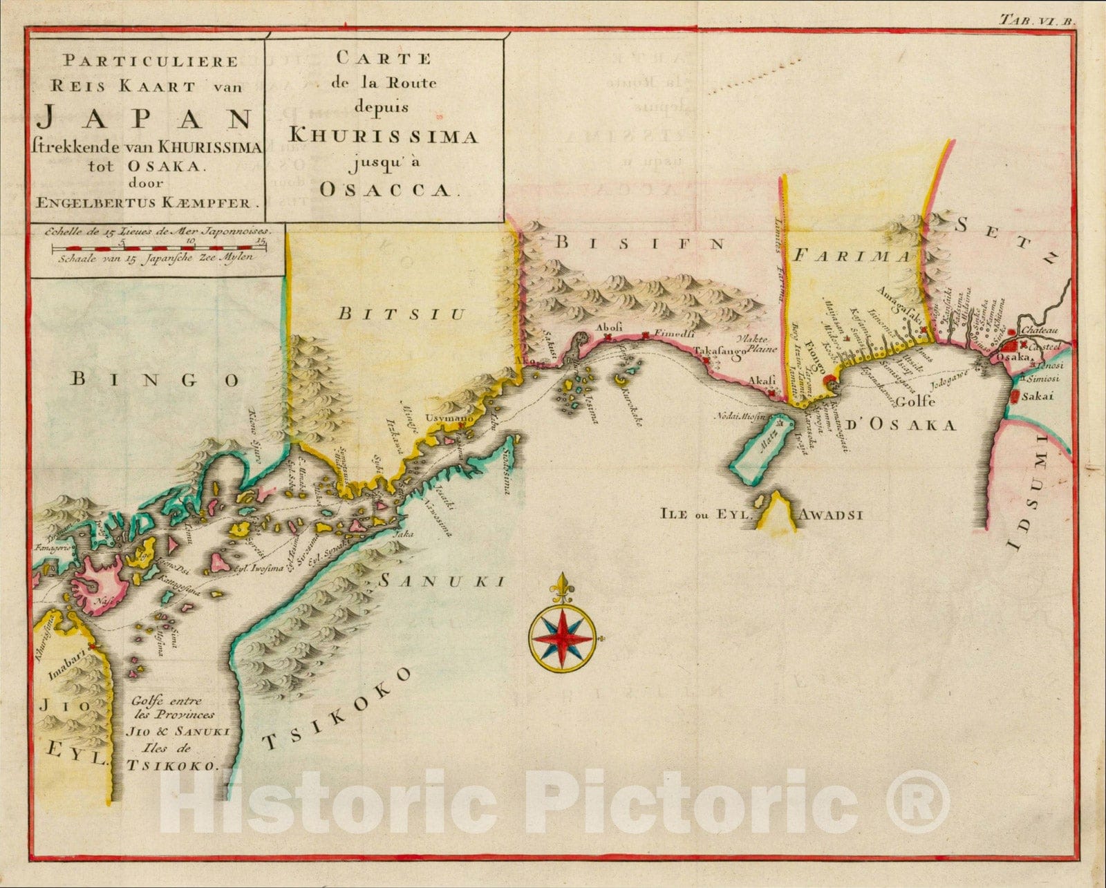 Historic Map : Carte de la Route depuis Khurissima jusqu'a Osacca, 1740, Engelbert Kaempfer, Vintage Wall Art