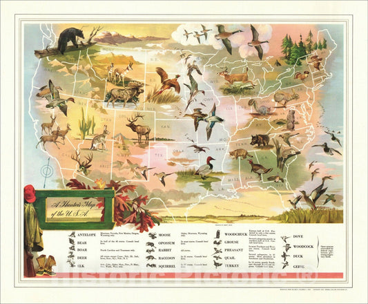 Historic Map : A Hunter's Map of the U.S.A., 1948, Everett Henry, Vintage Wall Art