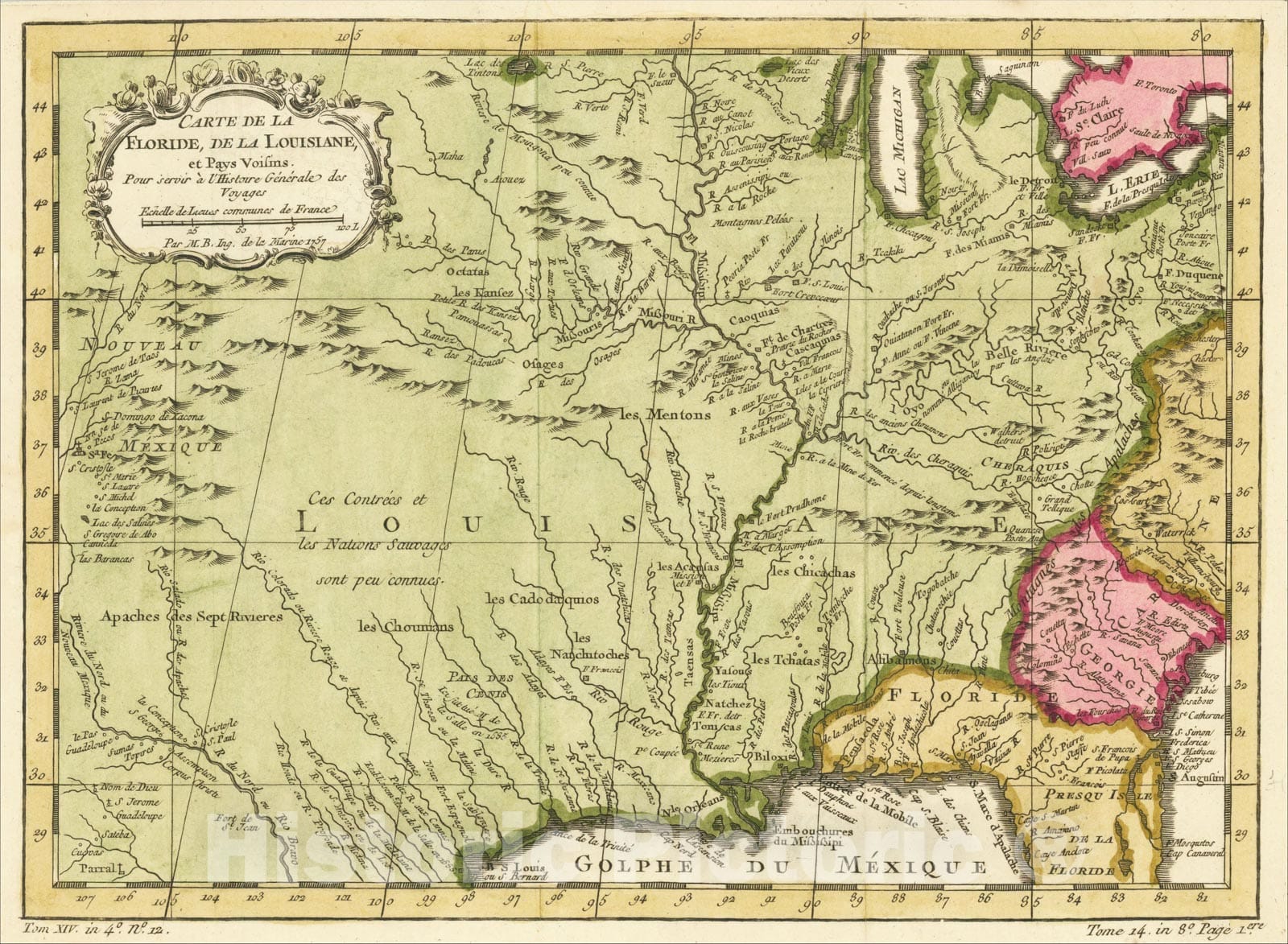 Historic Map : Carte De La Floride, de la Louisiane et Pays Voisons, 1757, Jacques Nicolas Bellin, Vintage Wall Art