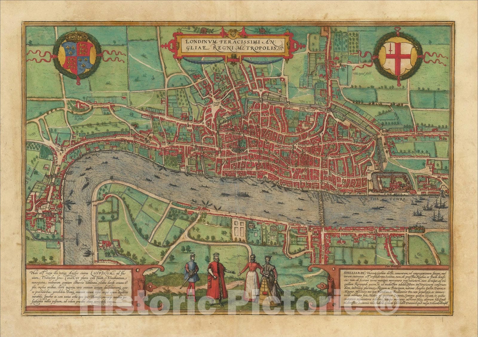 Historic Map : Londinum Feracissimi Angliae Regni Metropolis, c1572, Georg Braun, v1, Vintage Wall Art