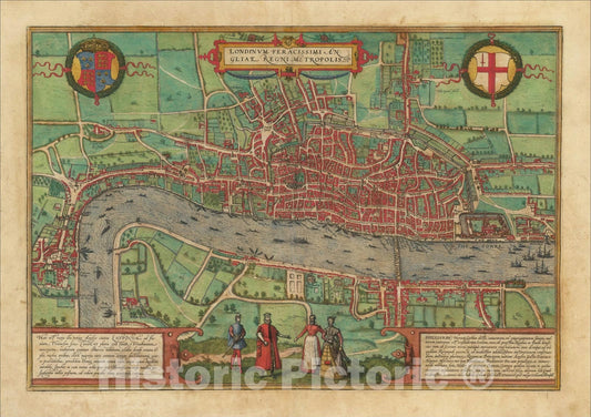 Historic Map : Londinum Feracissimi Angliae Regni Metropolis, c1572, Georg Braun, v1, Vintage Wall Art