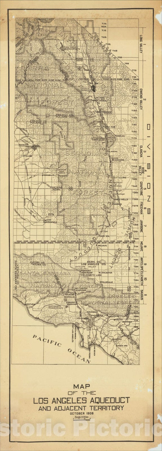 Historic Map : Map of the Los Angeles Aqueduct and adjacent territory. October 1908., 1908, Los Angeles Department of Water and Power, Vintage Wall Art