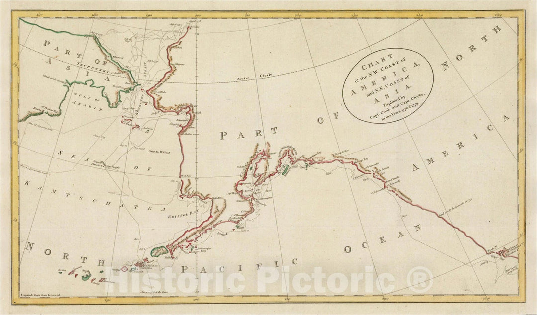 Historic Map : Chart of the N.W. Coast of America, and N.E. Coast of Asia. Explored by Capt. Cook and Capt. Clerke in the Years 1778 & 1779., c1782, James Cook, Vintage Wall Art