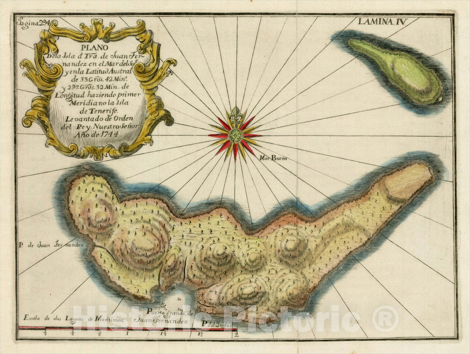 Historic Map : Plano de la Isla d. Tra. de Juan Fernandez en el Mar de Sur y en la Latitud Austral Le vanta do de Orden del Rey Nuestro Senor Ano de, 1748, , Vintage Wall Art