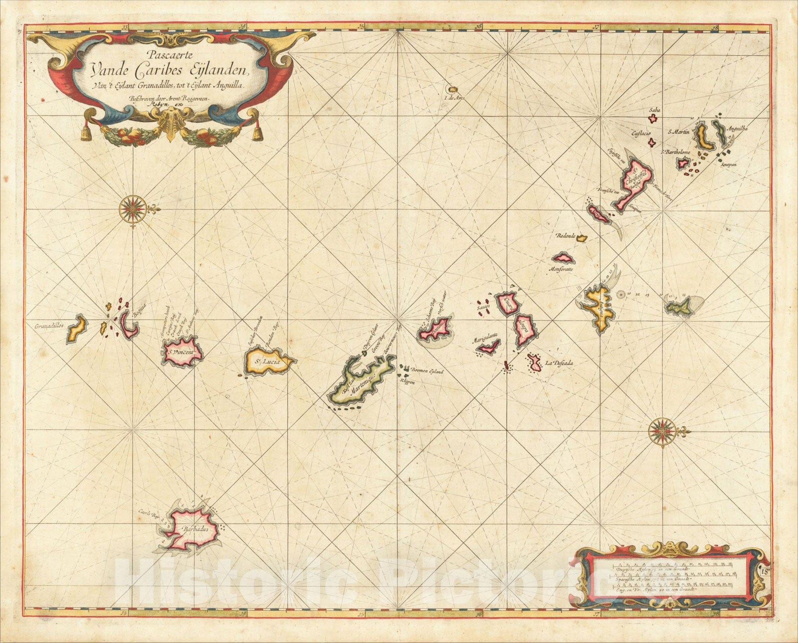 Historic Map : Pascaert vande Caribes Eijlanden van't Eijlant Granadillos, tot't Eijlant Anguilla. Befchreven door Arent Roggeveen. Robyn. Ex, c1675, Vintage Wall Art