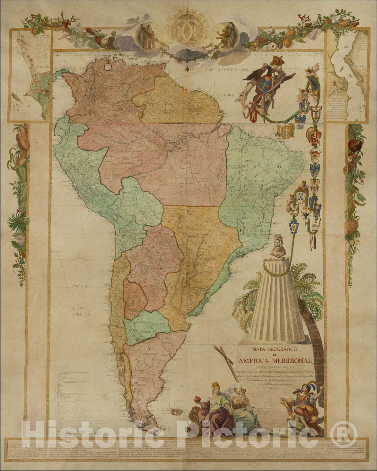 Historic Map : Mapa Geografico de America Meridional, Dispuesto y Gravado Por D. Juan de la Cruz Cano y Olmedilla, Geogfo. Pensdo. de S.M., 1775, Vintage Wall Art
