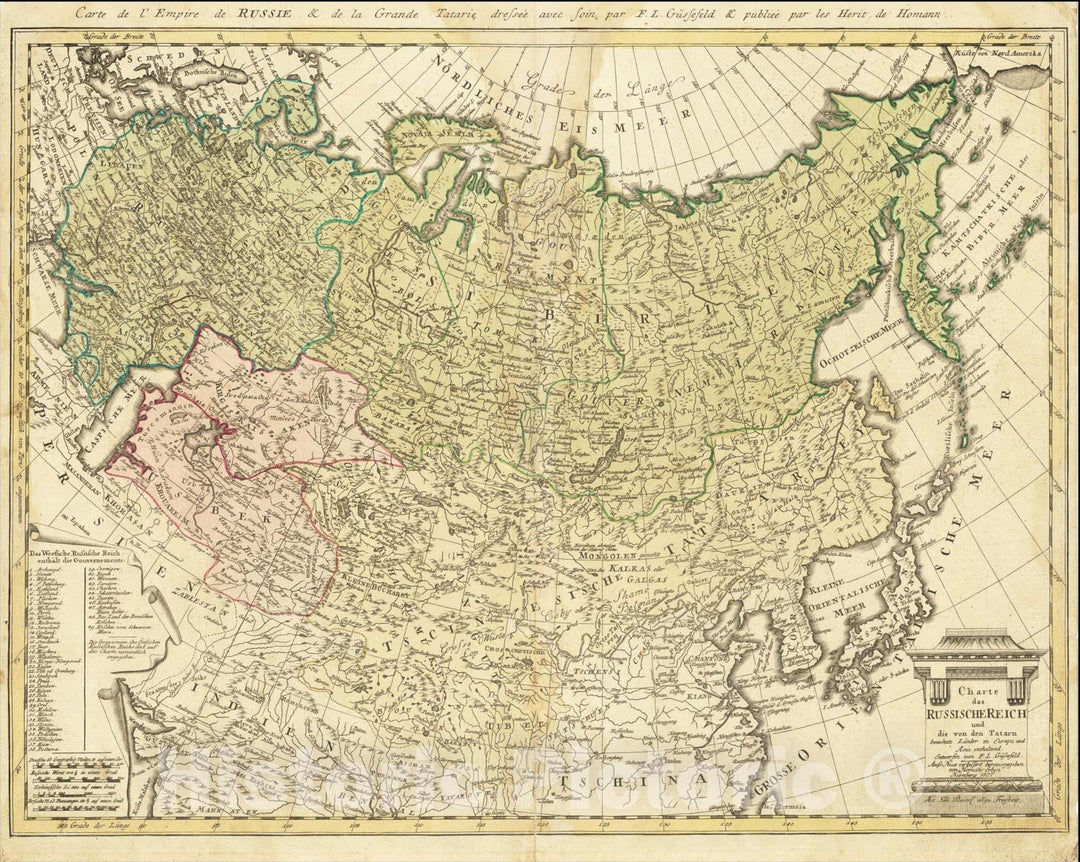 Historic Map : Charte das Russische Reiche und ide von den Tatarn Bewohnte Lander in Europa und Asia Enthalten, 1807, 1807, Franz Ludwig Gussefeld, Vintage Wall Art
