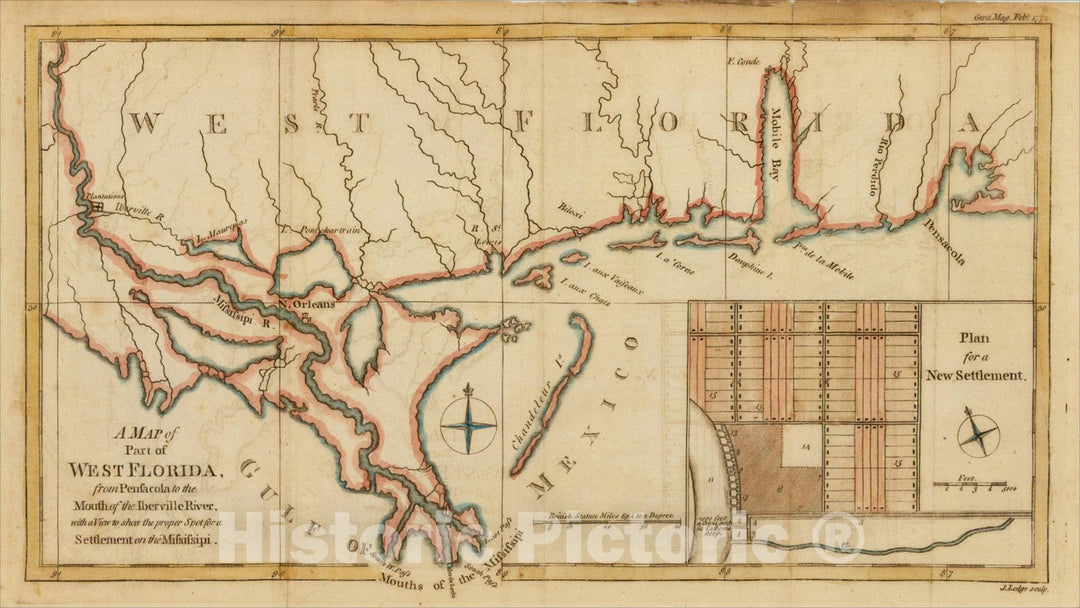Historic Map : A Map of Part of West Florida from Pensacola to the Mouth of the Iberville River, 1772, Gentleman's Magazine, v2, Vintage Wall Art