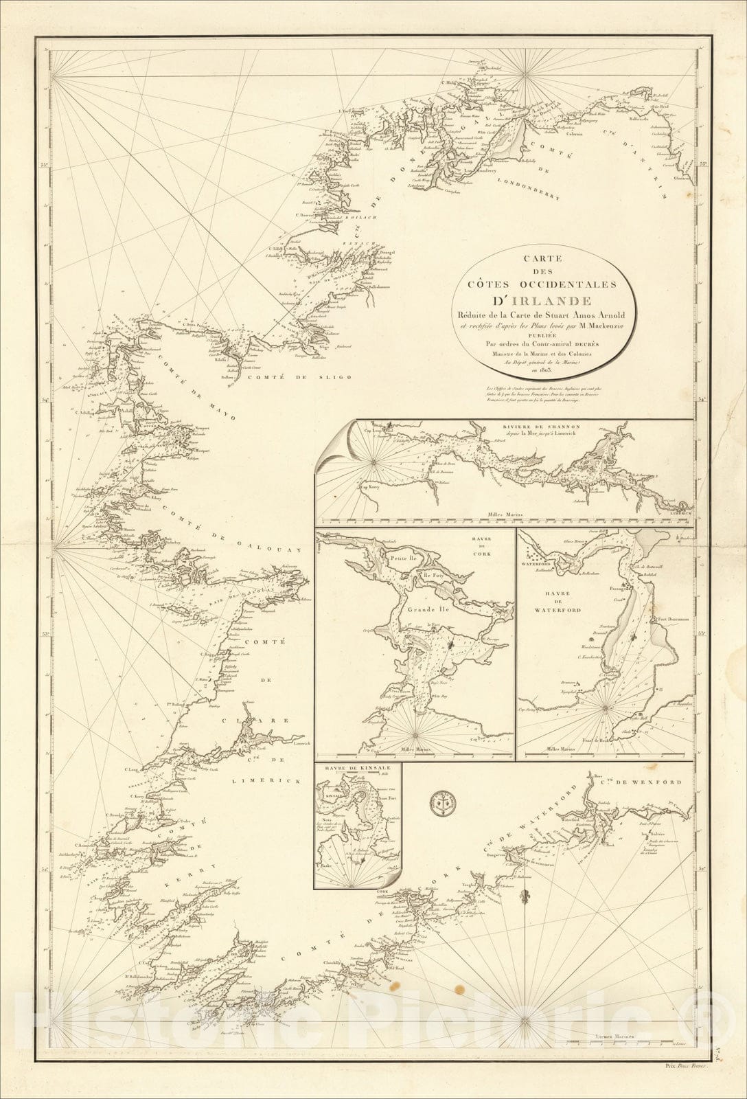 Historic Map : Carte des Cotes Occidentales D'Irlande Reduite de la Carte de Stuart Amos Arnold, 1803, Depot de la Marine, Vintage Wall Art