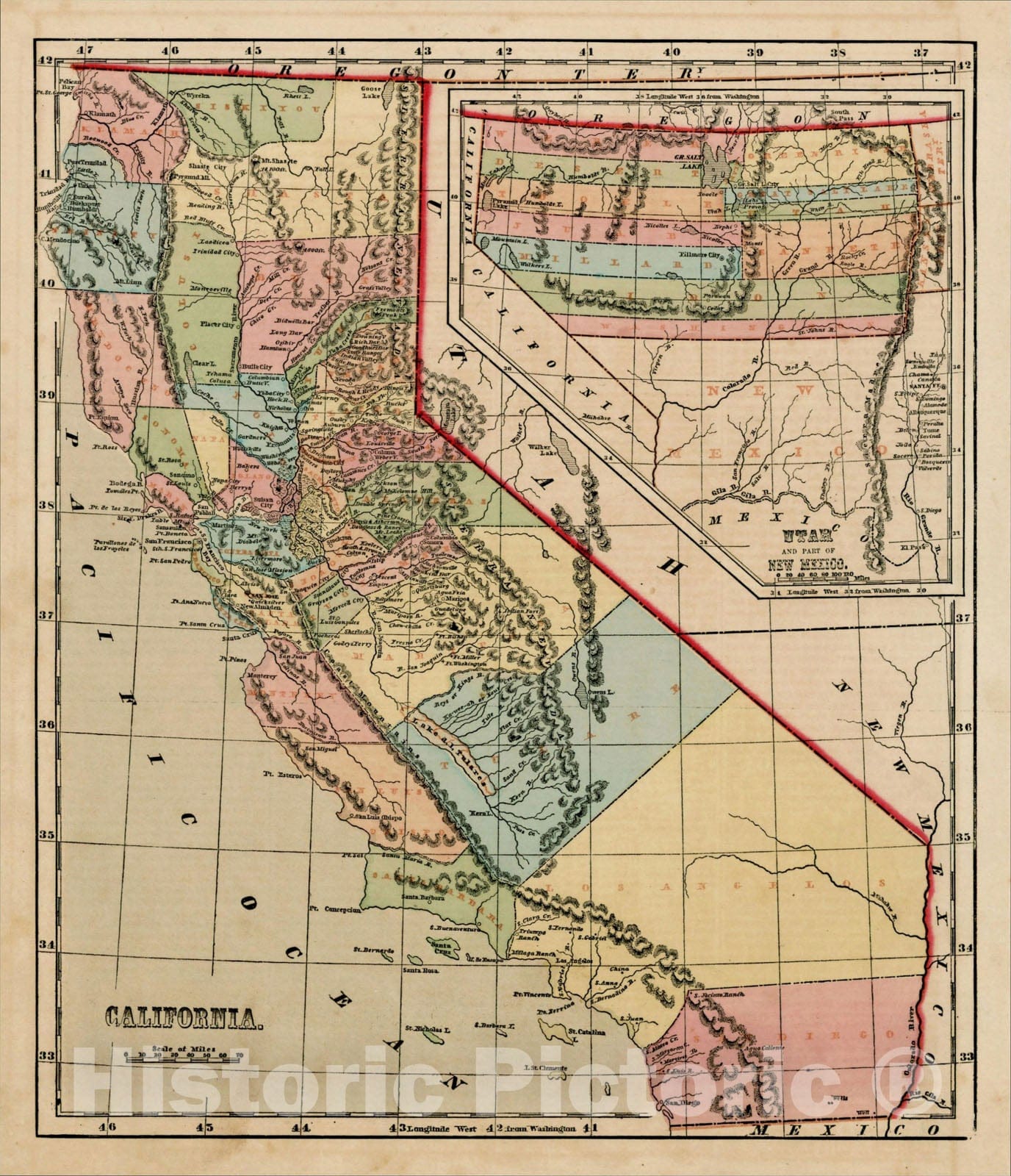 Historic Map : California [with large inset of Utah and Part of New Mexico], 1856, Charles Morse, Vintage Wall Art