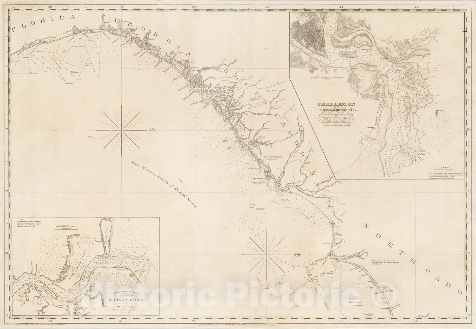 Historic Map : Coastal Chart of North Carolina, South Carolina, Georgia, and Florida, 1832, E & GW Blunt, Vintage Wall Art