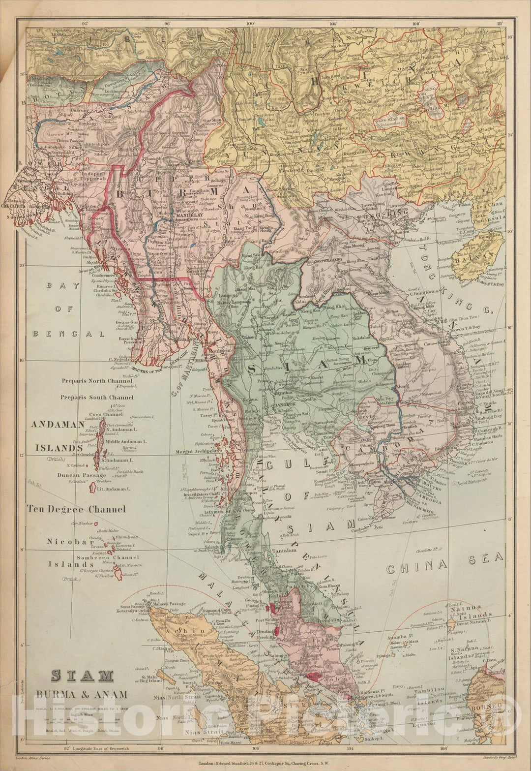 Historic Map : Siam Burma & Anam, 1896, Edward Stanford, v2, Vintage Wall Art