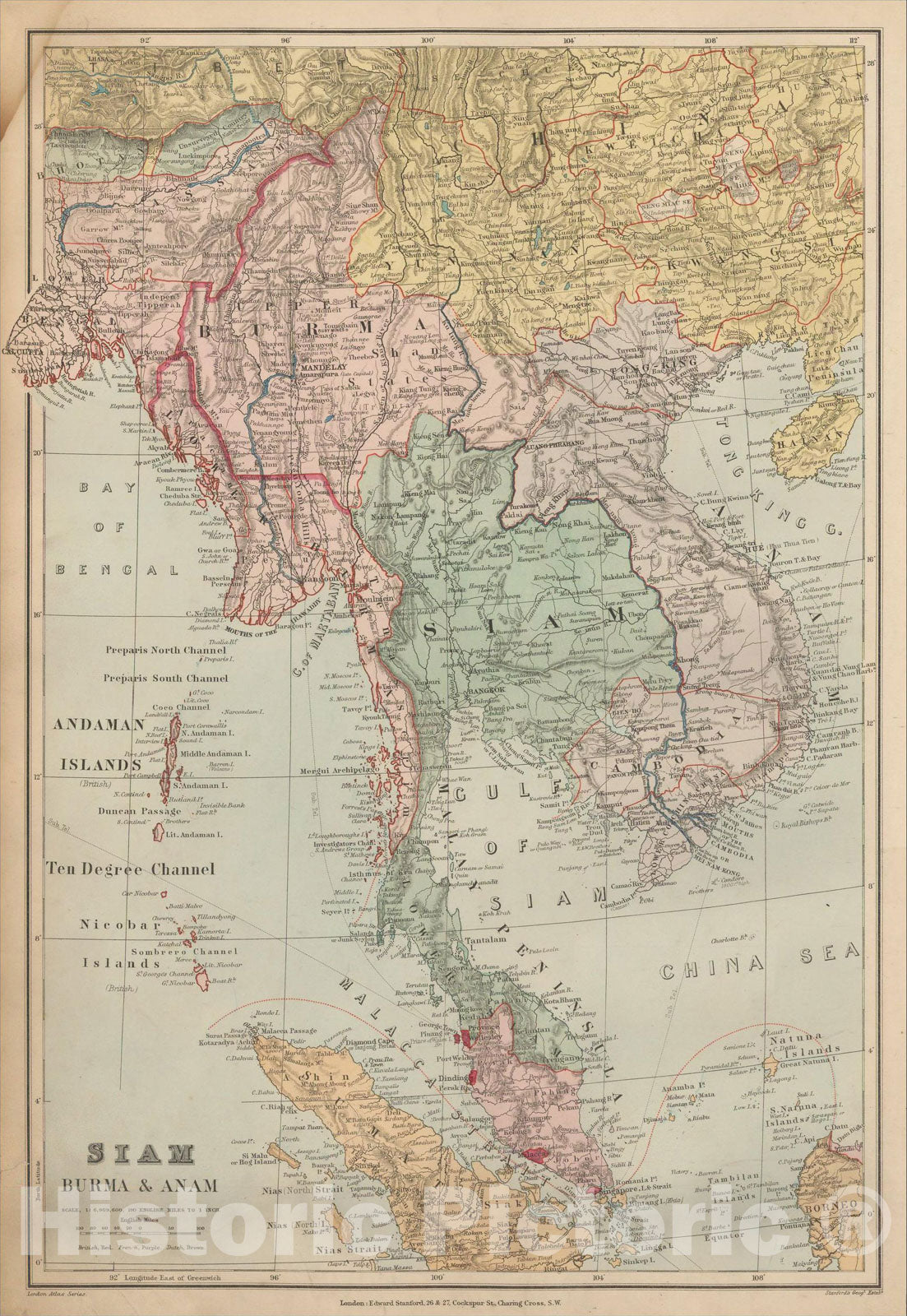 Historic Map : Siam Burma & Anam, 1896, Edward Stanford, v2, Vintage Wall Art