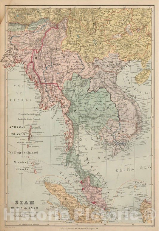 Historic Map : Siam Burma & Anam, 1896, Edward Stanford, v2, Vintage Wall Art
