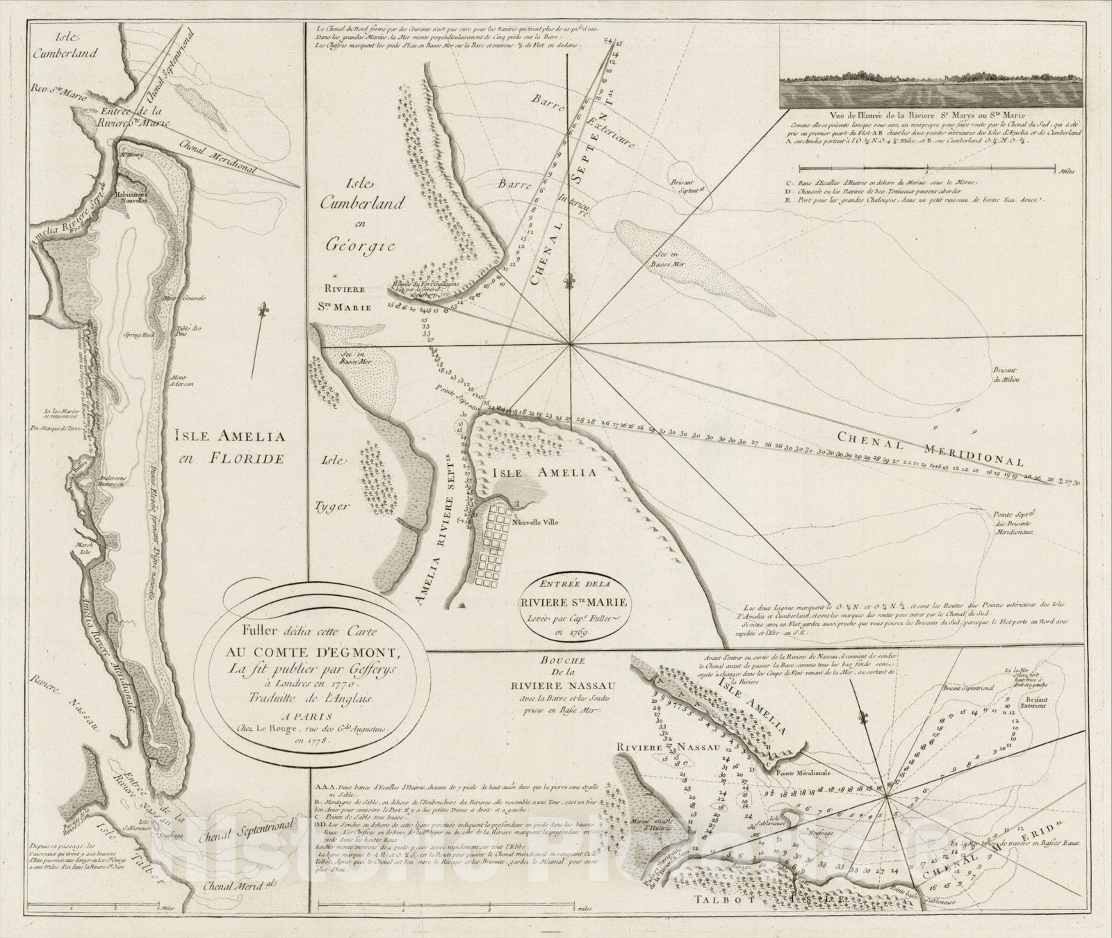 Historic Map : Isle Amelia en Floride (with) Entree de la Riviere Ste. Marie, (with) Bouche De La Riviere Nassau, 1778, , Vintage Wall Art
