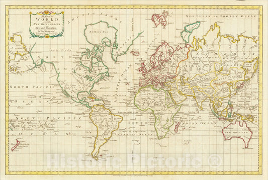 Historic Map : Map of the World with the New Discoveries on Mercator's Projection, 1783, 1783, Thomas Kitchin, Vintage Wall Art