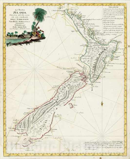 Historic Map : La Nuova Zelanda trascorsa nel 1769 e 177 d'al Cook Comandante dell' Endeavour Vascello di S. M. Britannica, 1778, 1794, Antonio Zatta, Vintage Wall Art