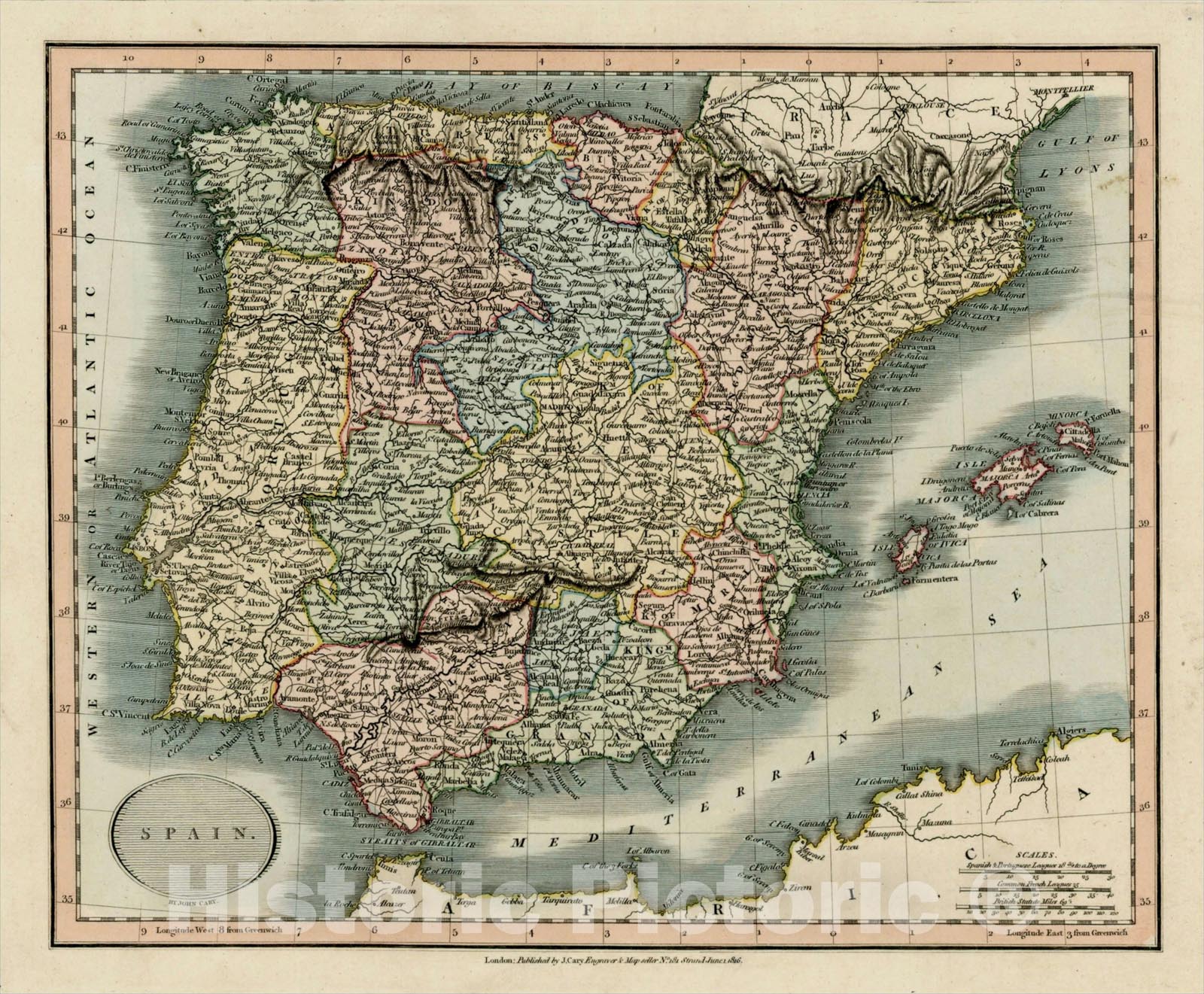 Historic Map : Spain, 1816, John Cary, Vintage Wall Art
