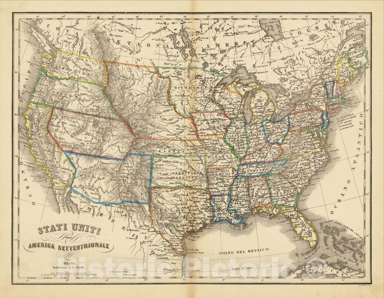 Historic Map : Stati Uniti Dell' America Settentrionale, 1855, G. Civelli, Vintage Wall Art
