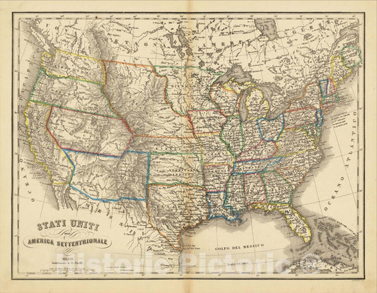 Historic Map : Stati Uniti Dell' America Settentrionale, 1855, G. Civelli, Vintage Wall Art