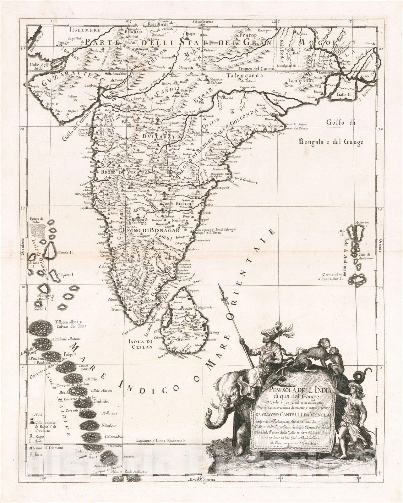 Historic Map : Penisola Dell India di qua dal Gange et Isole intorno ad essa adiacenti, 1683, 1683, Giacomo Giovanni Rossi, Vintage Wall Art