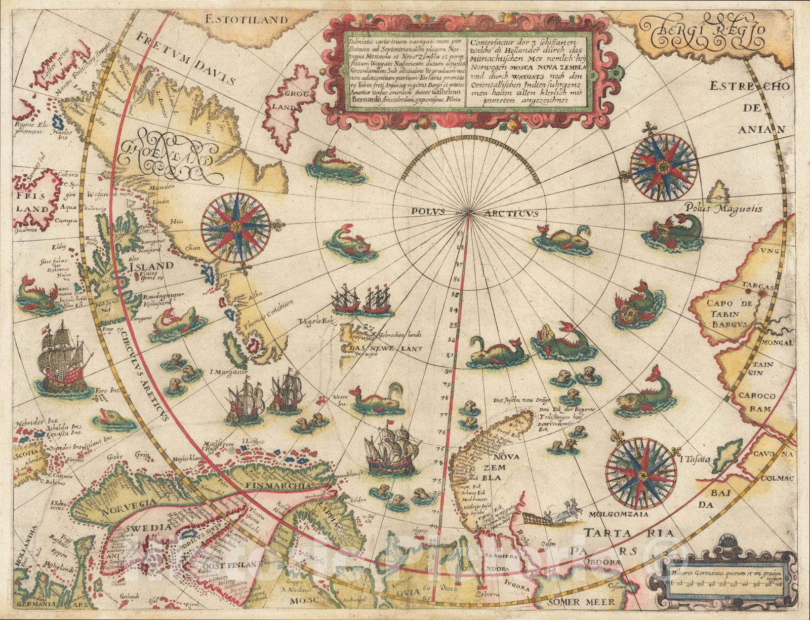 Historic Map : Deliniatio cartae trium navigationum per Batavos ad Septentrionalem plagem Norvegia, Moscovia et Nova Zembla, 1599, , Vintage Wall Art