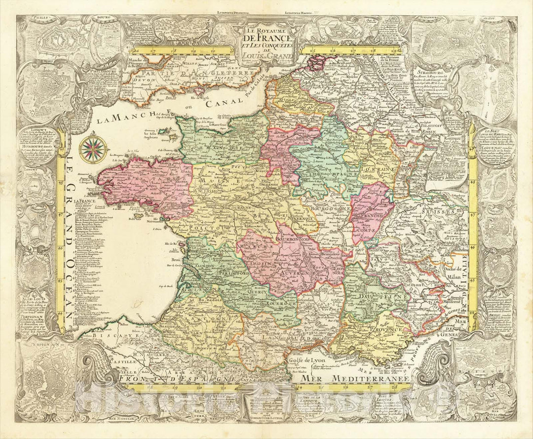 Historic Map : Le Royaume De France Et Les Conquetes De Louis Grande, 1760, Tobias Conrad Lotter, Vintage Wall Art