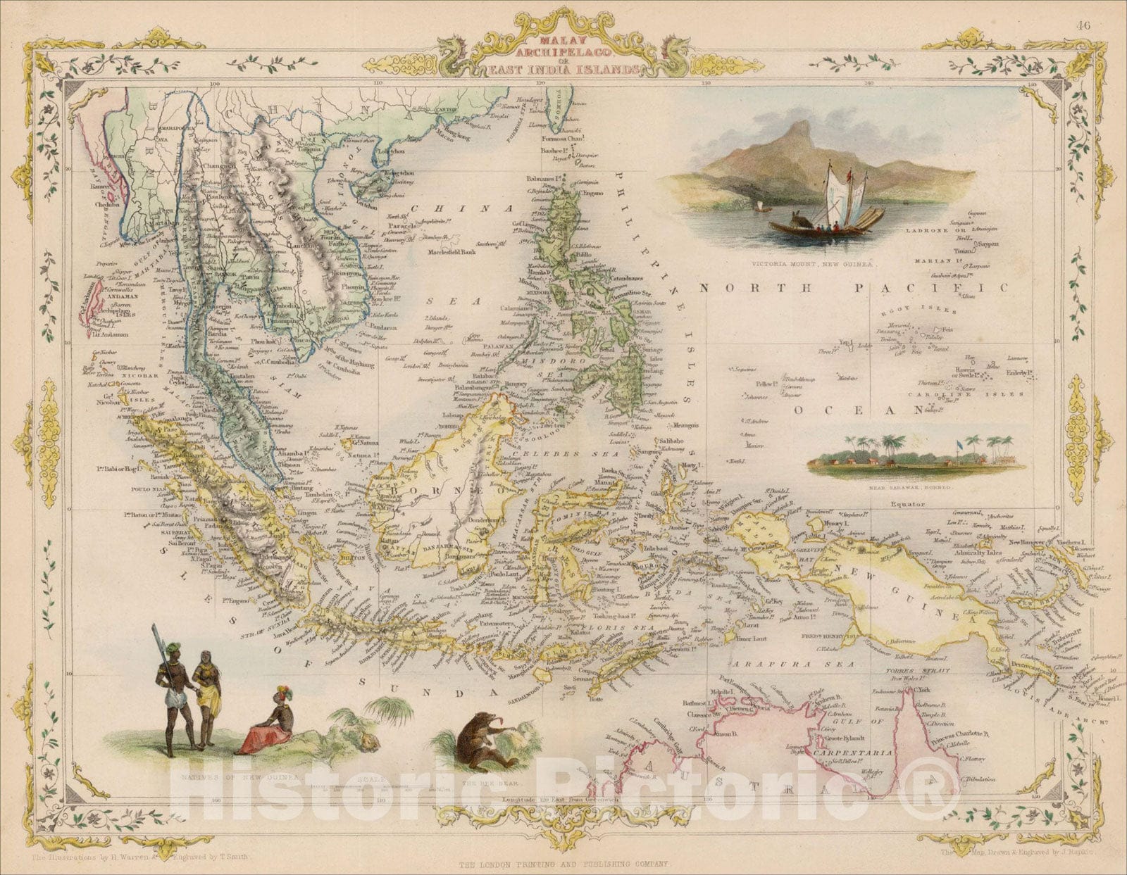 Historic Map : Malay Archipelago, or East India Islands, 1851, John Tallis, v2, Vintage Wall Art