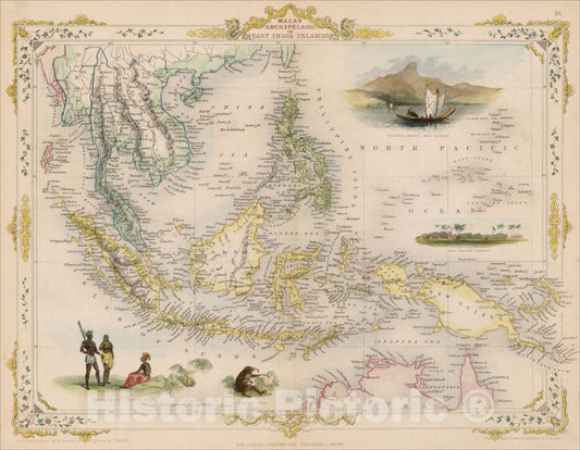 Historic Map : Malay Archipelago, or East India Islands, 1851, John Tallis, v2, Vintage Wall Art