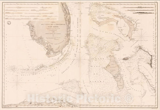 Historic Map : Carte Des Canaux De La Providence Et De Bahama Depuis la Carte en deux feuilles De. Edmont Blunt de 1847, 1851, 1851, Depot de la Marine, Vintage Wall Art