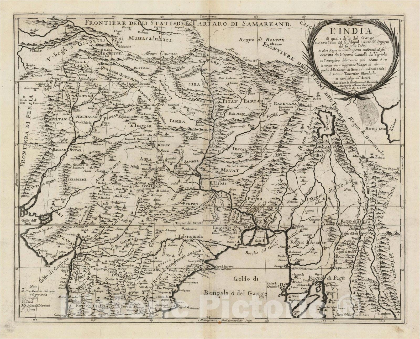Historic Map : L'India di qua' e di la dal Gange oue sono li Stati del Mogol e' parte del Imperio del fu prte Ianni et altri Regni di nova scoperti, 1682, , Vintage Wall Art
