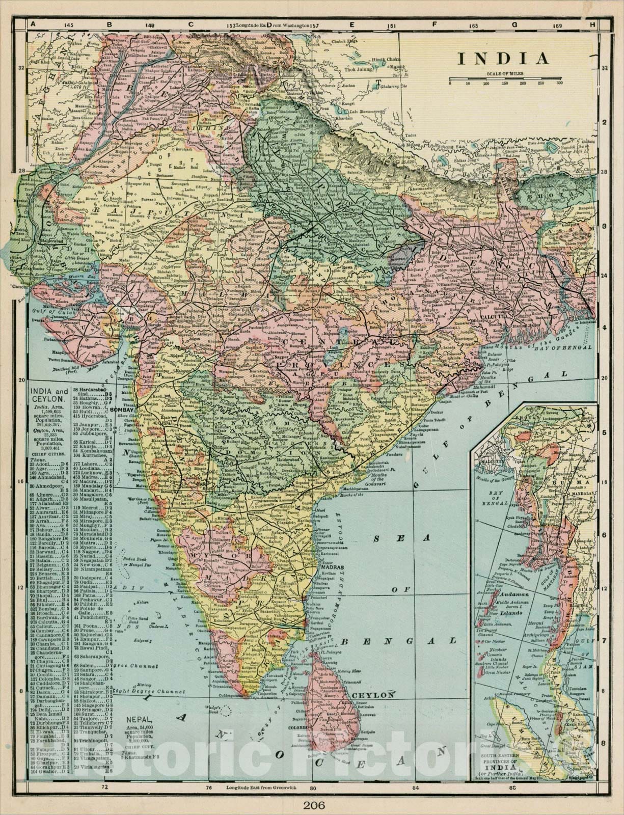 Historic Map : India, 1892, George F. Cram, Vintage Wall Art