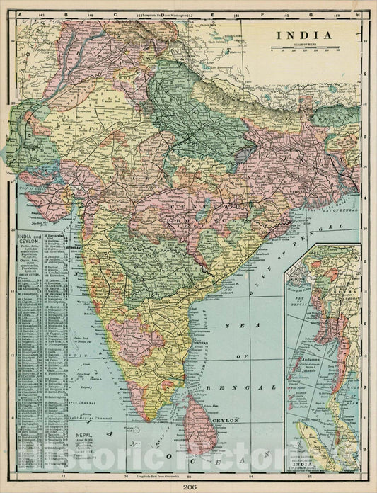 Historic Map : India, 1892, George F. Cram, Vintage Wall Art