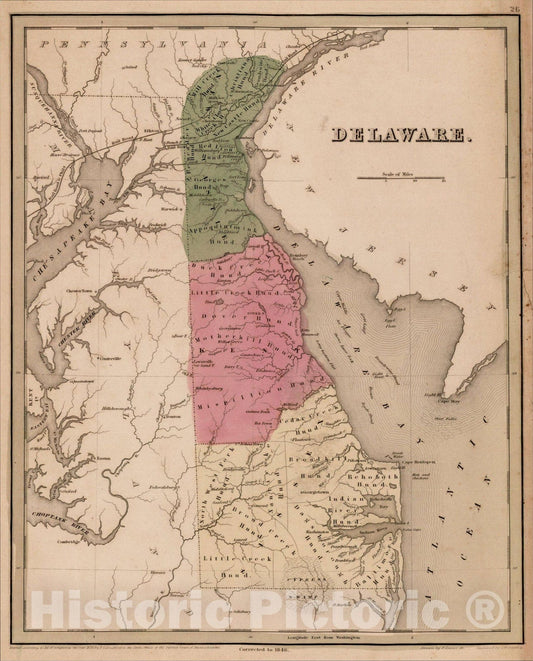 Historic Map : Delaware., 1846, Thomas Gamaliel Bradford, Vintage Wall Art