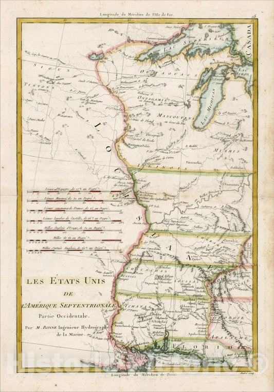Historic Map : Les Etats Unis de L'Amerique Septentrionale Partie Occidentale, 1787, Rigobert Bonne, Vintage Wall Art