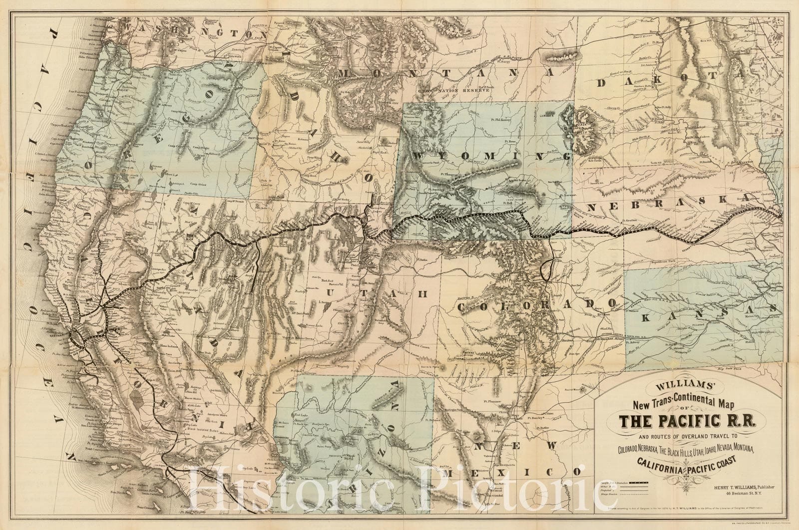 Historic Map : Pacific R.R. and Routes Travel To Colorado, Nebraska, The Black Hills, Utah, Idaho, Nevada, Montana California and the Pacific Coast, 1876, Vintage Wall Art
