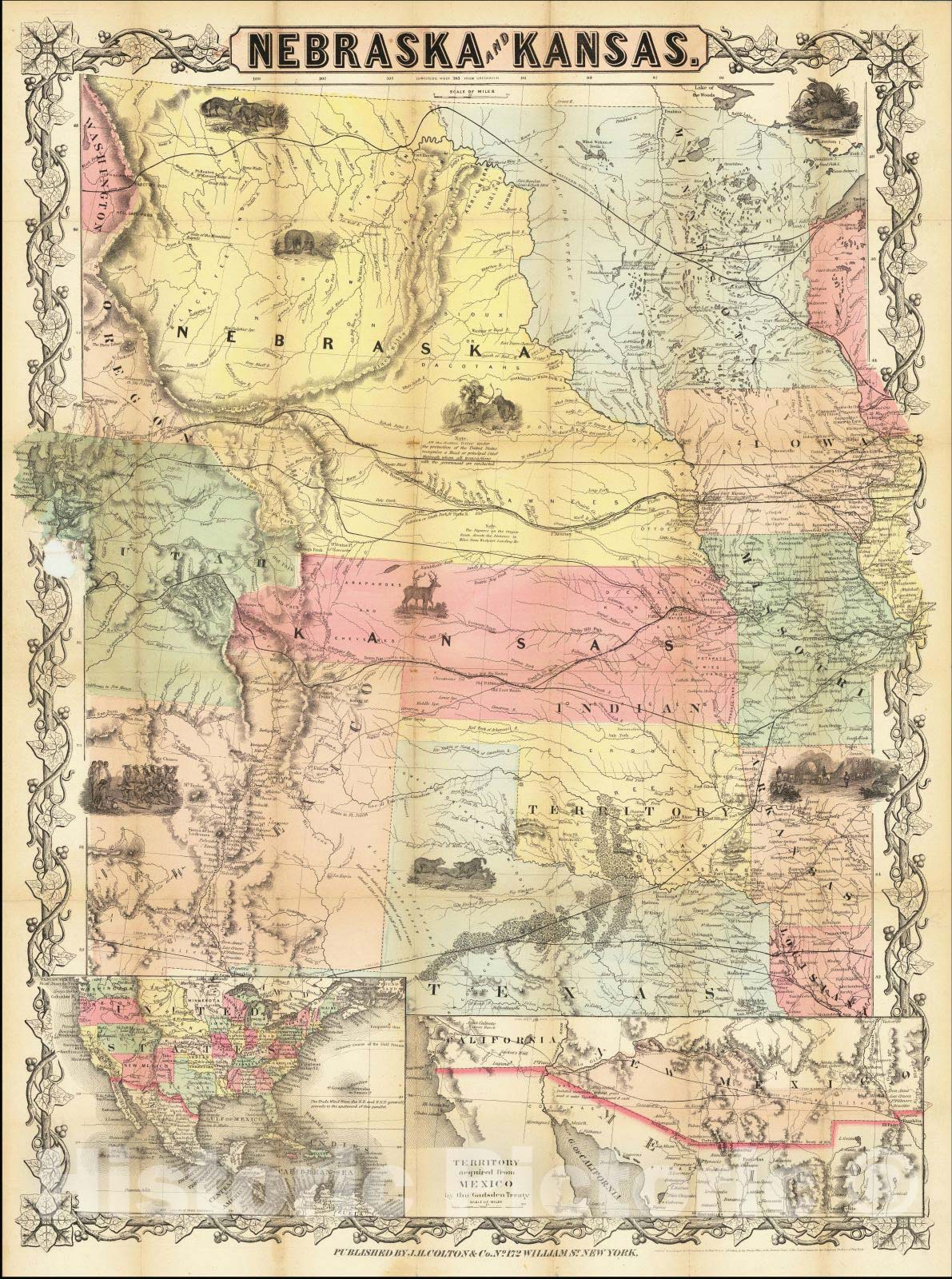 Historic Map : Nebraska and Kansas, 1855, Joseph Hutchins Colton, Vintage Wall Art