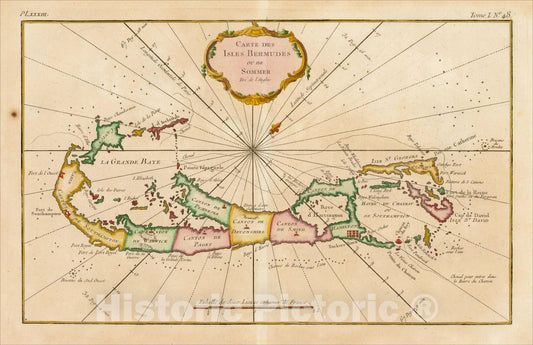 Historic Map : Carte Des Isles Bermudes ou de Sommer Tire de L'Anglois, 1764, Jacques Nicolas Bellin, Vintage Wall Art