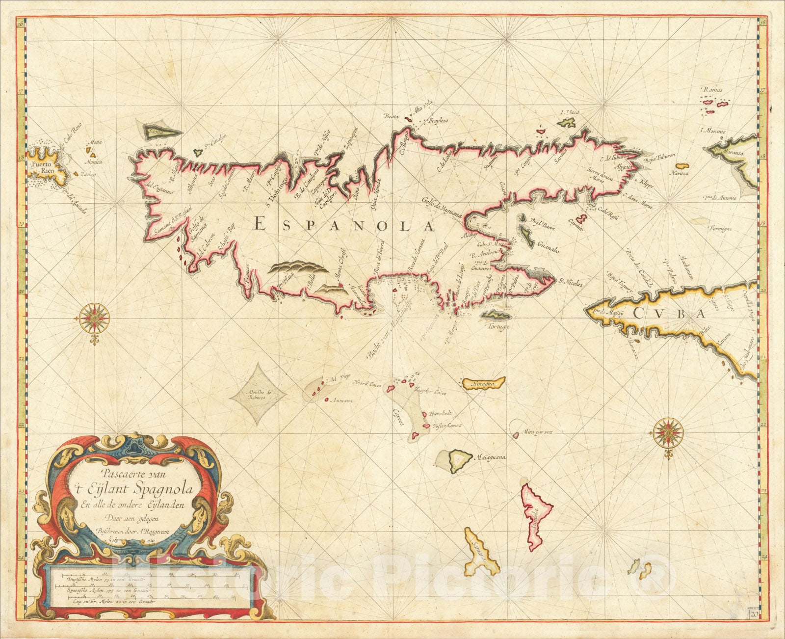 Historic Map : Pascaerte van 't Eijlant Spagnola En alle de andere Eijlanden Daer aen gelegen , 1675, Arent Roggeveen, Vintage Wall Art