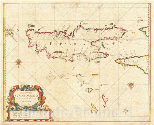 Historic Map : Pascaerte van 't Eijlant Spagnola En alle de andere Eijlanden Daer aen gelegen , 1675, Arent Roggeveen, Vintage Wall Art