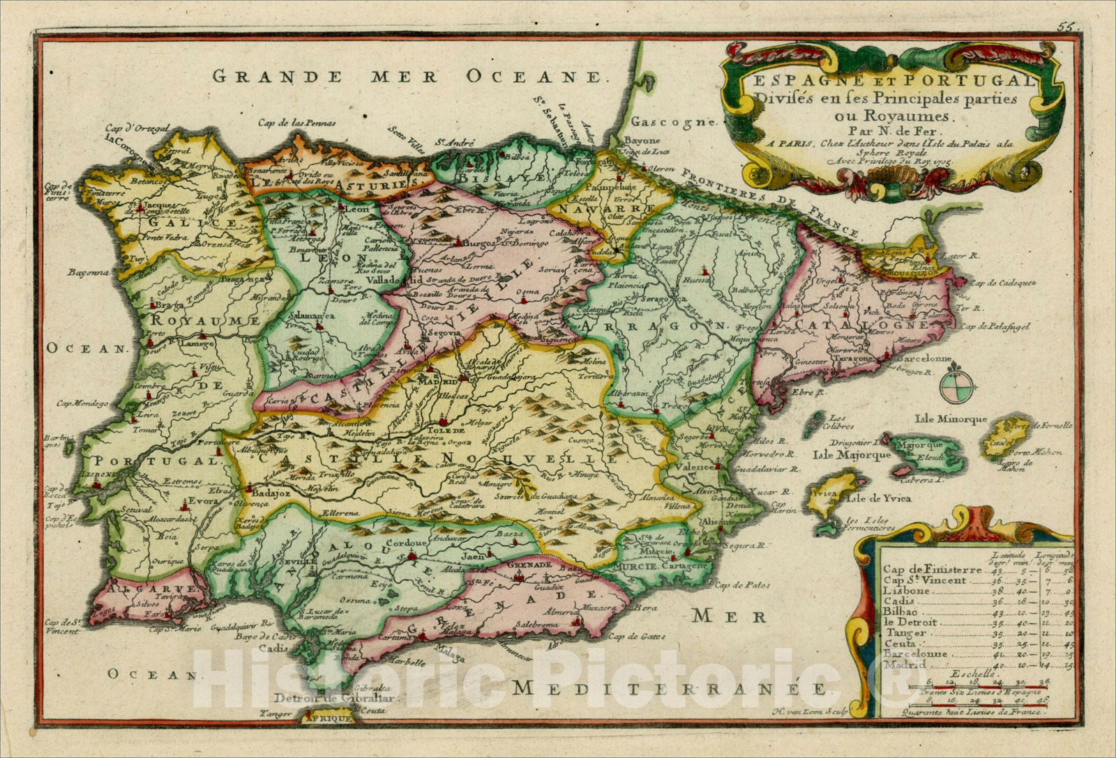 Historic Map : Espagne Et Portugal Divises en ses Principales parties ou Royaumes, 175, 1705, Nicolas de Fer, v1, Vintage Wall Art