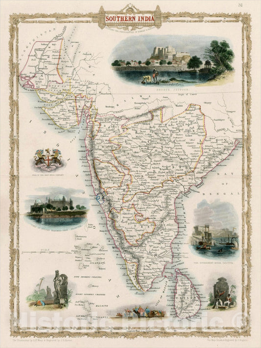Historic Map : Southern India, 1851, John Tallis, v3, Vintage Wall Art