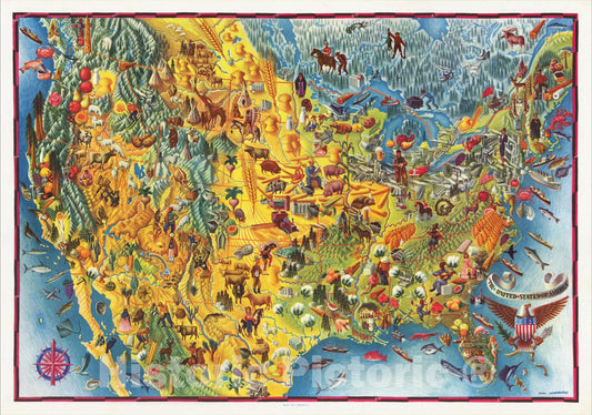Historic Map : The United States of America, c1942, Miguel Covarrubius, Vintage Wall Art
