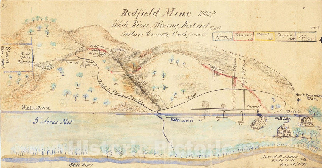 Historic Map : Redfield Mine White River Mining District Tulare County California, 1899, David Bice James, Vintage Wall Art