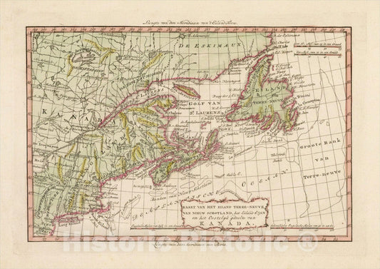 Historic Map : Kaart Van Het Eiland Terre-Neuve, Van Nieuw Schotland, het Eiland S. Jan en het Oostelyhk Gedeelte van Kanada., 1785, Willem Albert Bachienne, Vintage Wall Art